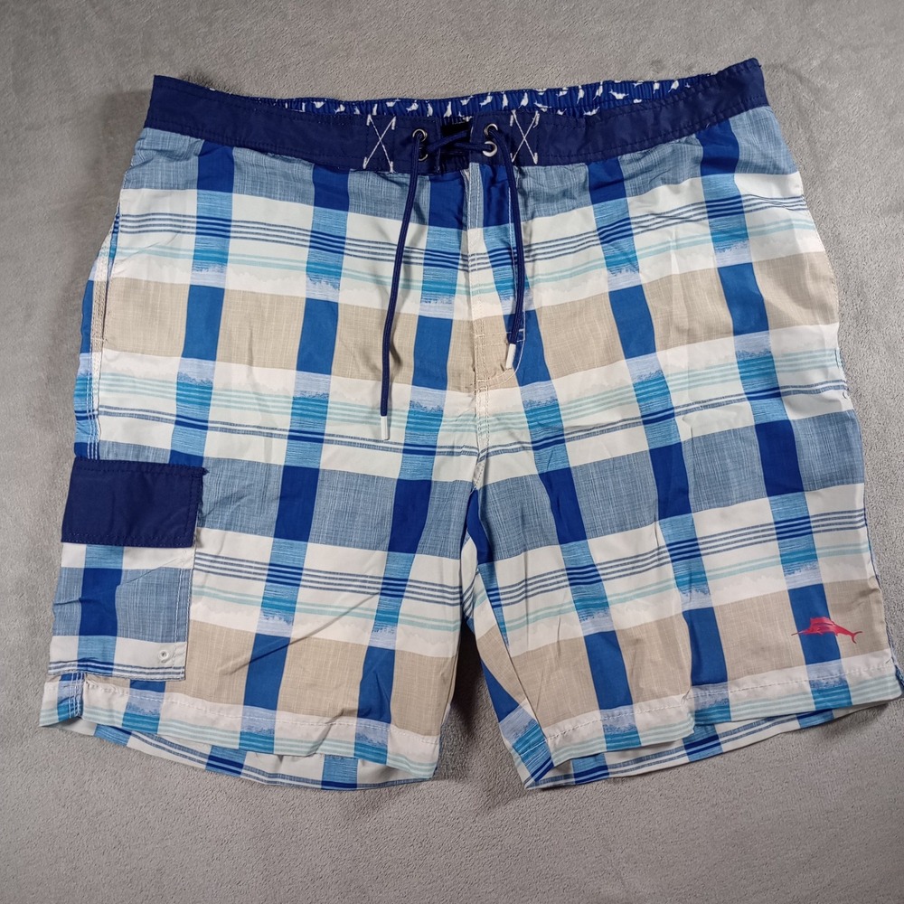 Tommy Bahama Swim Trunks Mens XL Blue Plaid Board Shorts Cargo Pocket Tropical